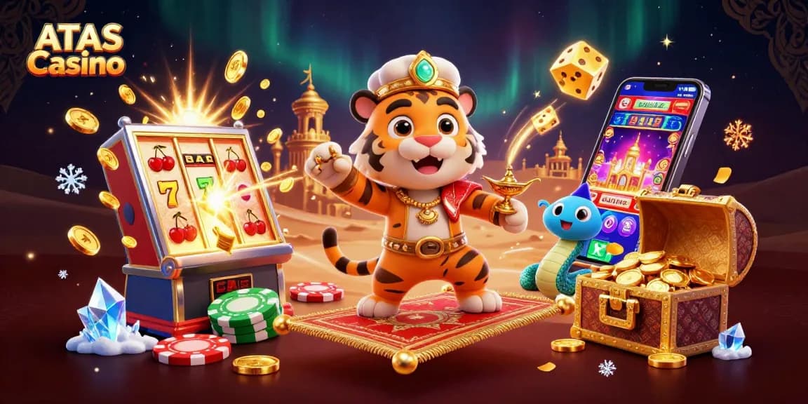 Experience the excitement of ATAS Casino with a vibrant scene featuring winner elements like jackpots and special game features.