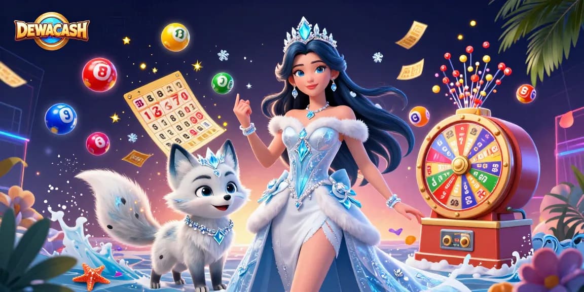 Experience thrilling gameplay with DEWACASH as colorful lottery balls and excitement surround a captivating scene.