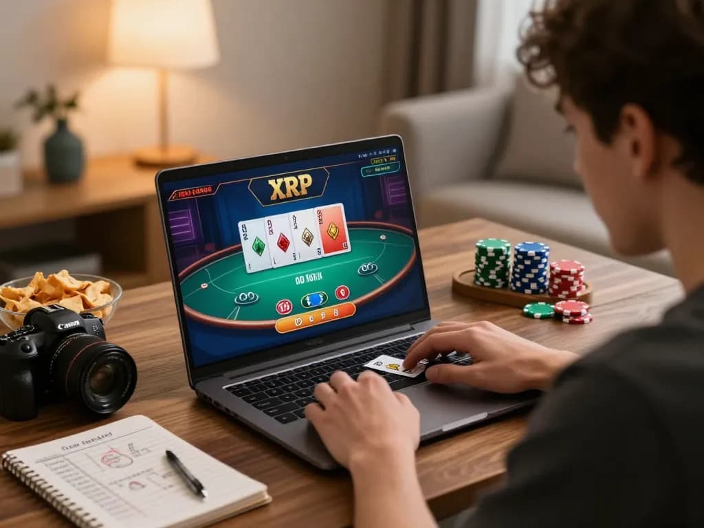 XRP casino player enjoying an engaging online poker game with vibrant graphics and cozy atmosphere.