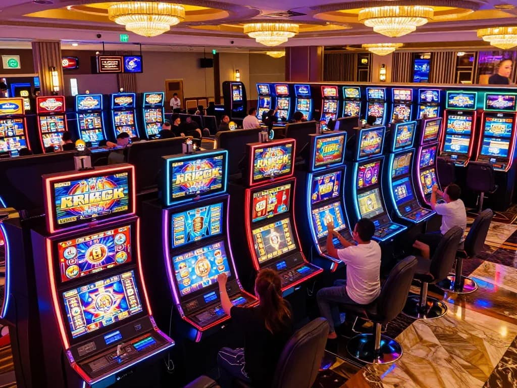 Players enjoying vibrant slot machines at Trang chủ Luck8, celebrating wins in an exciting casino atmosphere.