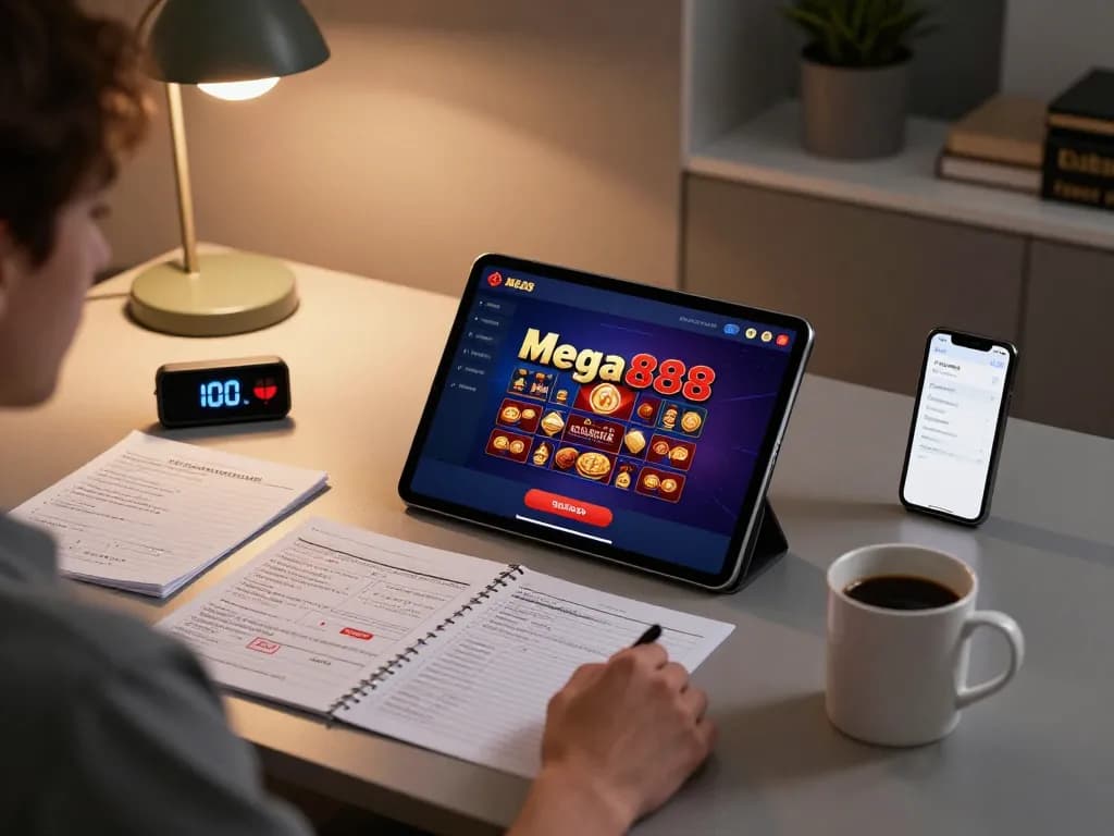 Playing Mega888 on a tablet at a modern home office while utilizing strategy notes.