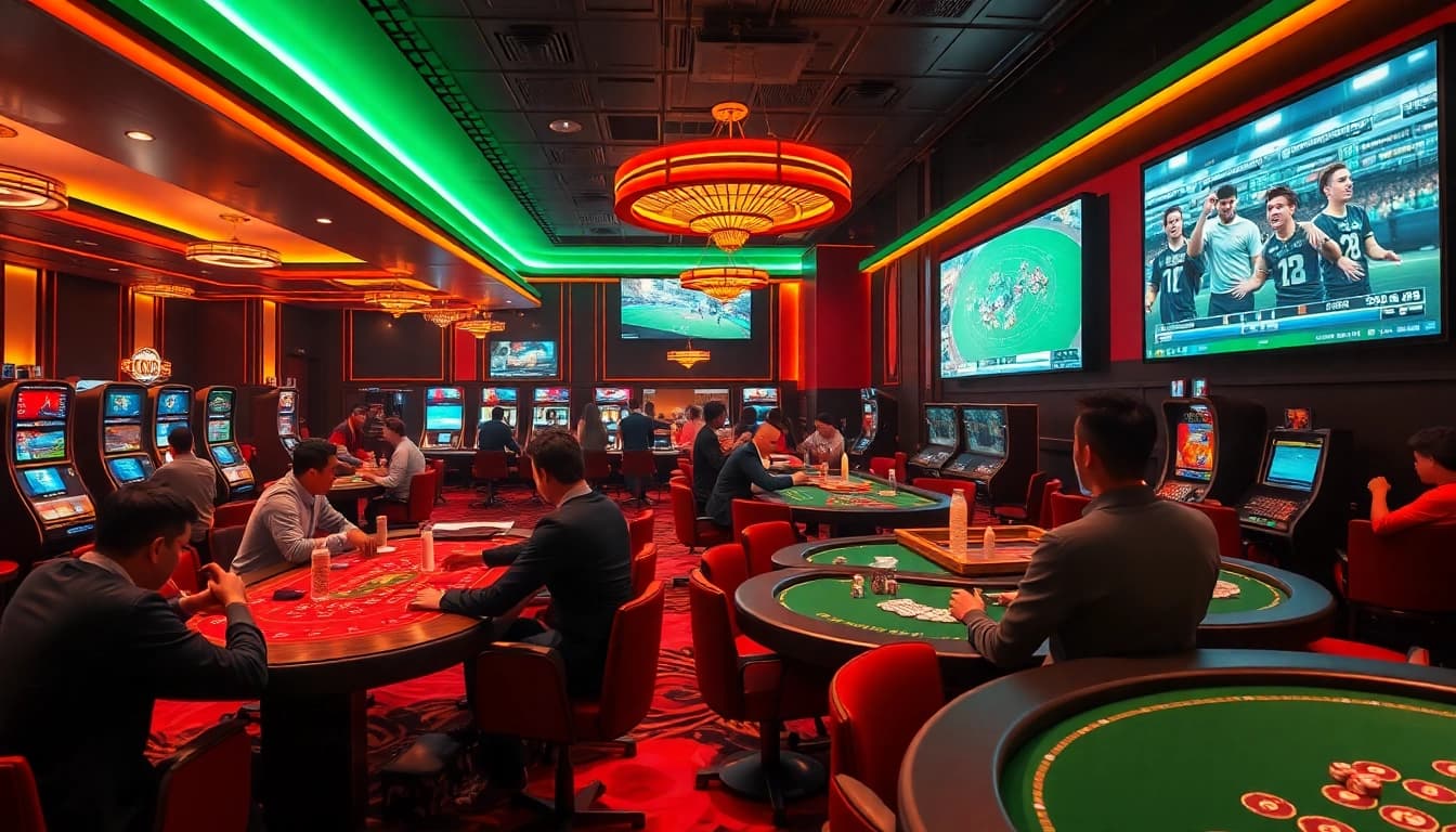 Exciting gaming scene at 66 club showcasing players enjoying poker, slots, and sports betting in a vibrant atmosphere.
