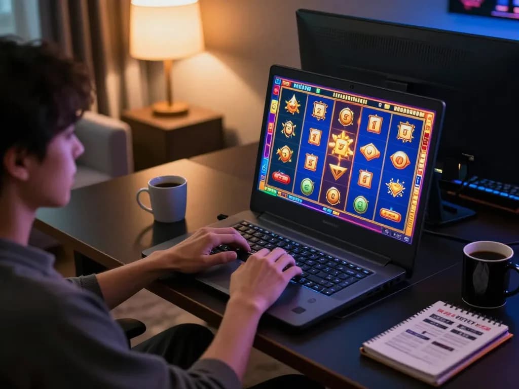 Engaging online gaming experience at https://www.dacsandatphanrang.com/, showing a player enjoying slot games on a laptop.