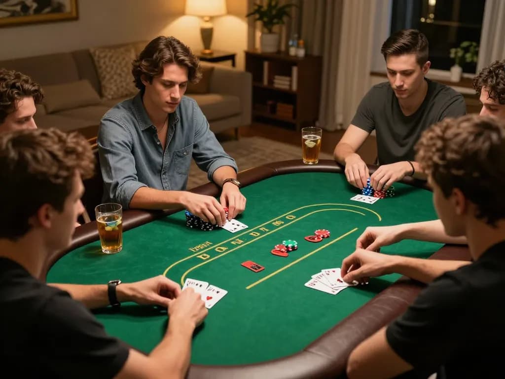 Engaged friends playing poker at home around an SC88-themed table, showcasing strategy and camaraderie.