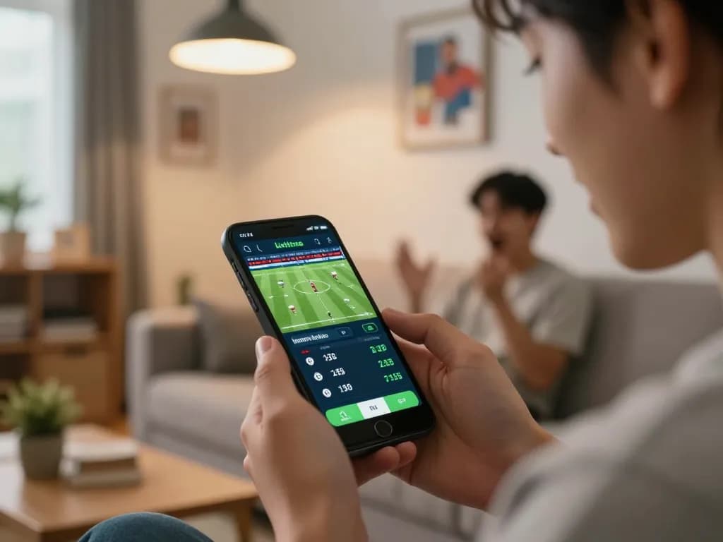 Individual engaging with nowgoal app for live sports betting in cozy home setting