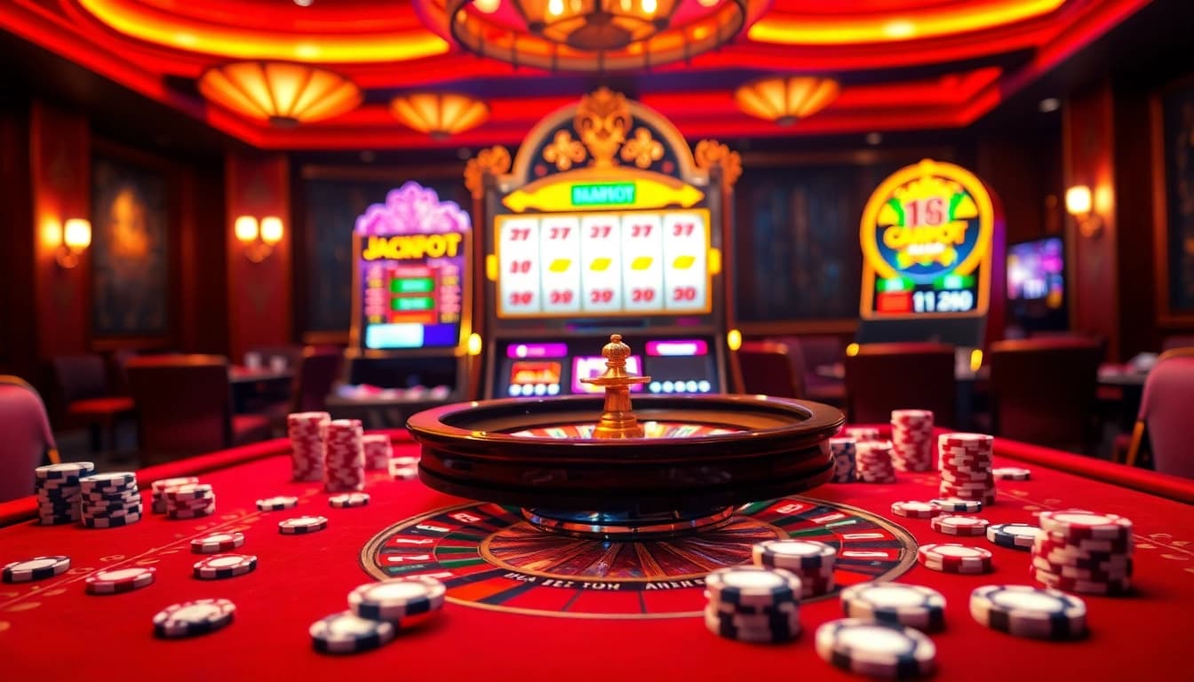 Betting excitement at https://ww88jo.com/ with vibrant casino visuals featuring roulette, poker chips, and slot machines.