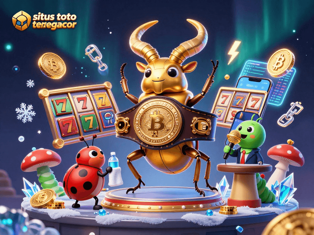 Experience top wins at situs toto slot tergacor with a vibrant scene featuring a golden beetle and casino elements.