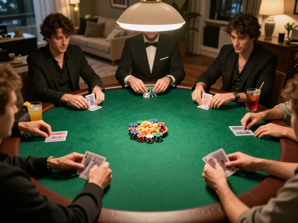 Pemain menikmati malam poker yang mendebarkan dengan strategi terinspirasi deragon88, kartu dan chip ditampilkan di sekitar meja yang bergaya.