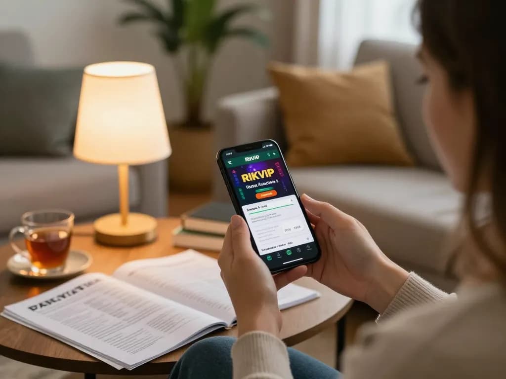 Engaged player using RIKVIP app on smartphone in a cozy home setup with drinks and strategy notes.