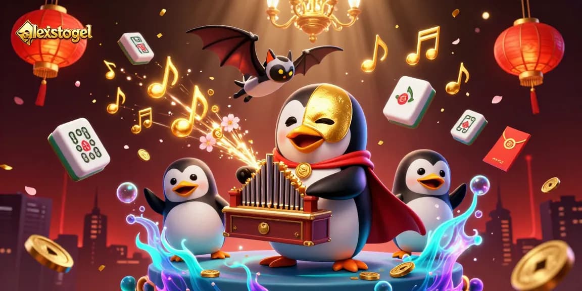 Mainkan keseruan di alexistogel dengan ilustrasi kasino yang menampilkan penguin opera dan elemen permainan menarik.