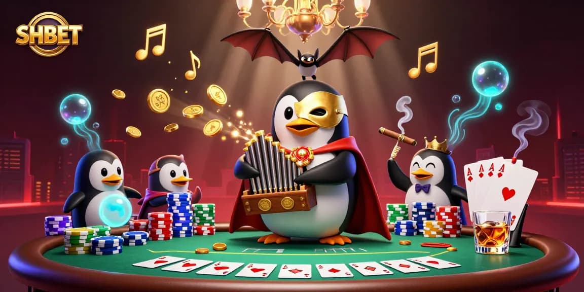 Experience the excitement of SHBET with a thrilling casino scene featuring a penguin playing an organ amidst stunning visuals.