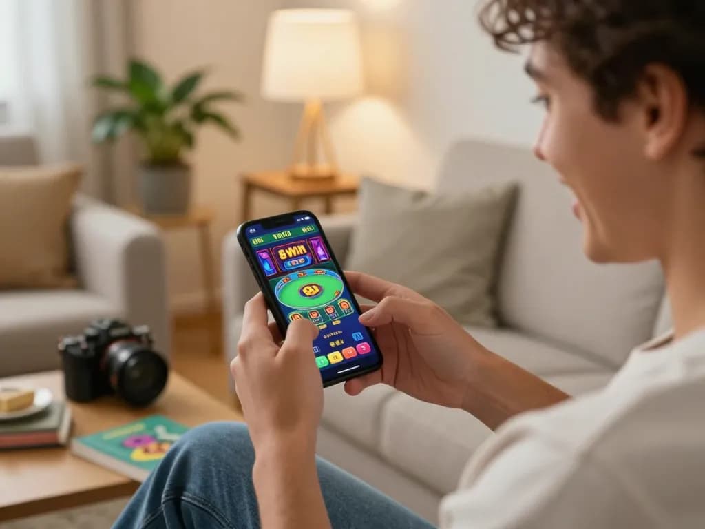 Engaged player enjoying 98 win on mobile app at home, excited by online gambling.