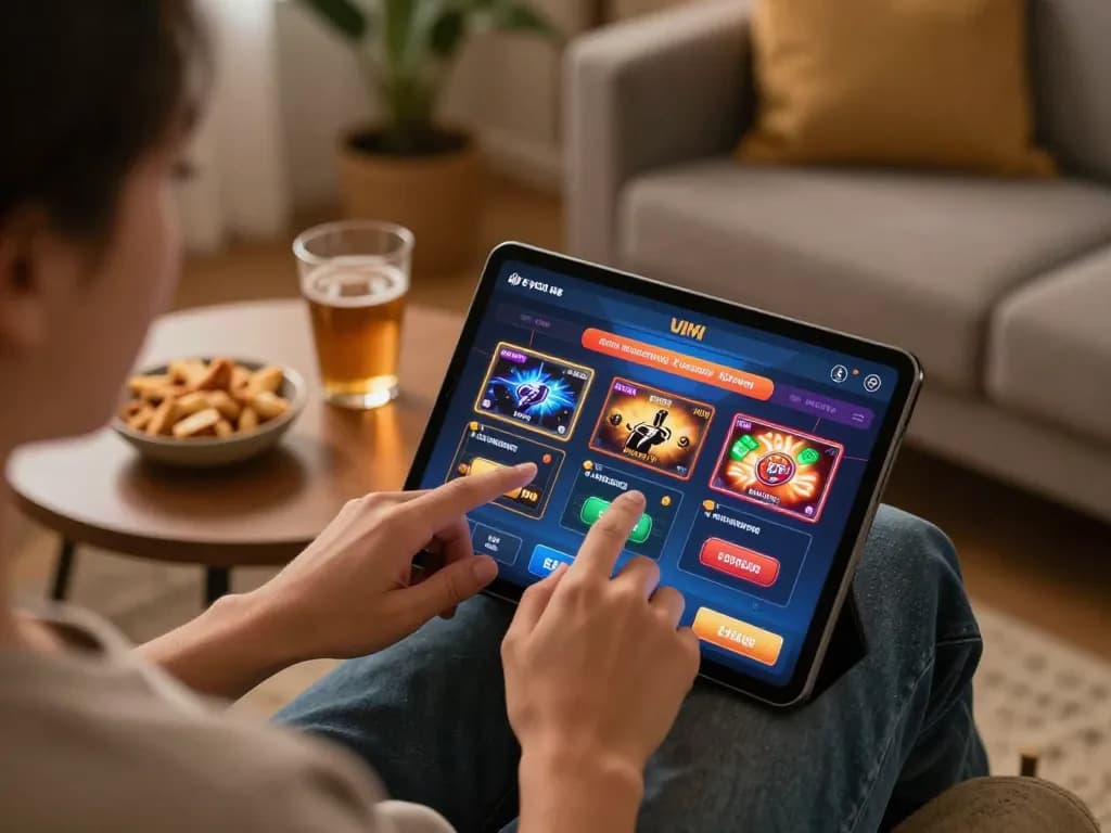 Engaging with the online portal for casino gaming on a tablet, surrounded by snacks and drinks.