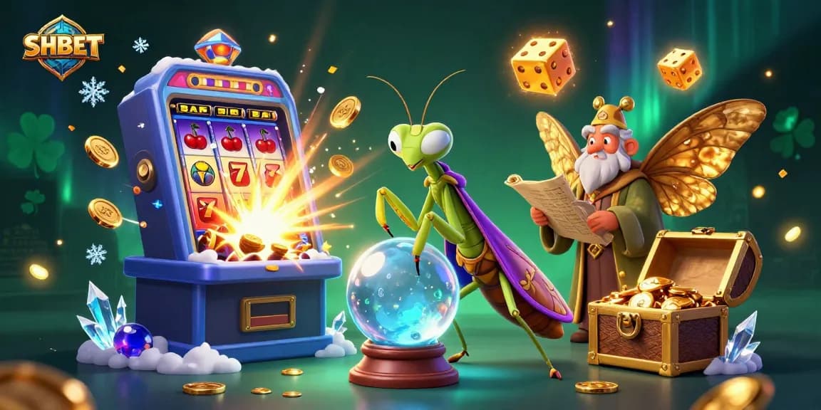 Win big with SHBET at this vibrant 3D casino illustration showcasing fortune tellers and slot machines.