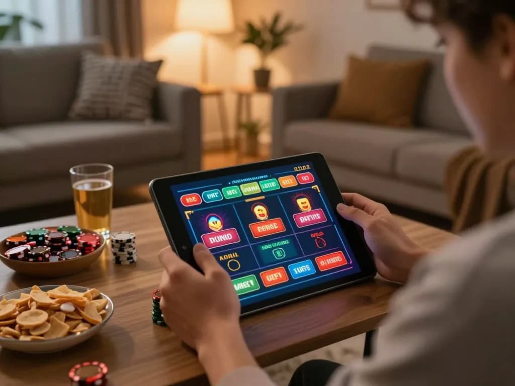 Engaging online gaming at nhà cái mm88 with tablet, showcasing betting options in a cozy home setting.