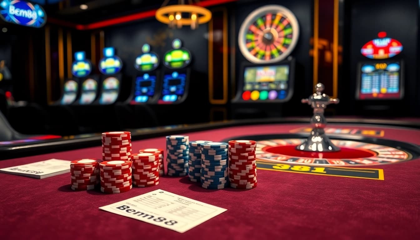 Immerse in the thrilling Bem88 casino experience with poker and roulette action.