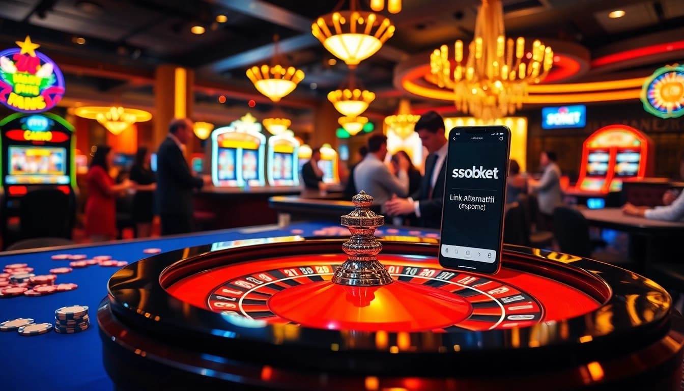 Sbobet link alternatif showcased in an exciting casino scene featuring a roulette table and vibrant slot machines.