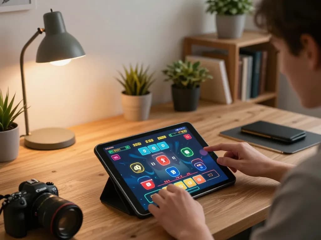 Hello88 player engaging in live dealer game on a tablet, showcasing strategic online gambling.
