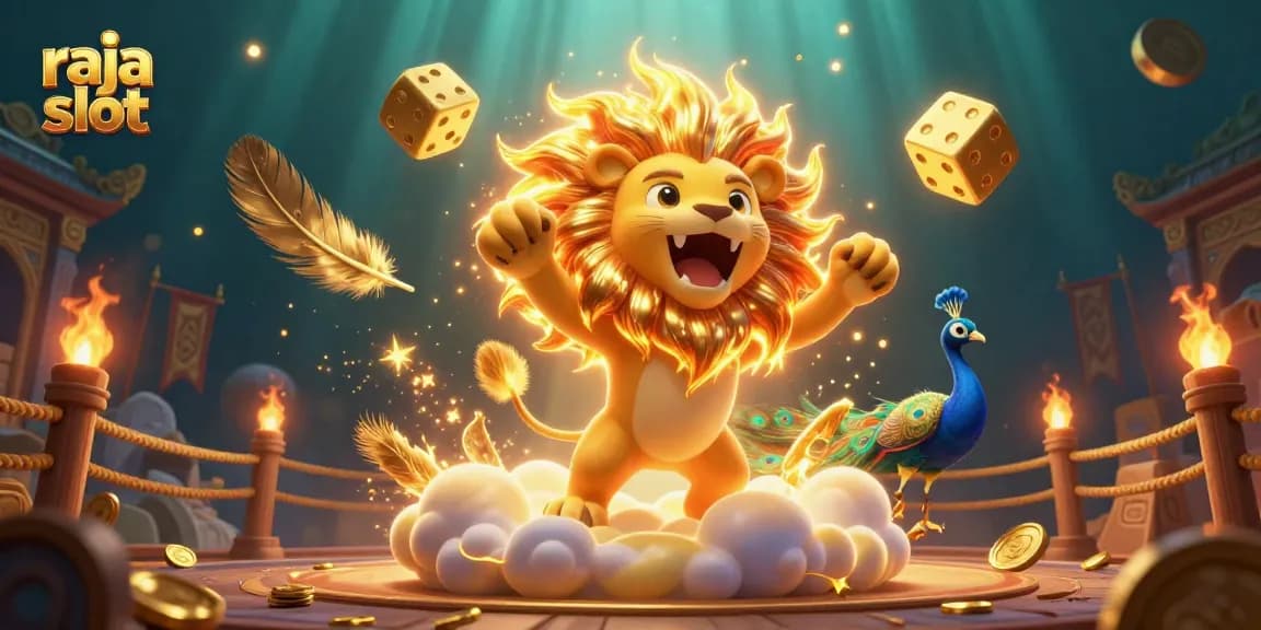 Experience the thrill of raja slot with a roaring sun lion and captivating golden dice.