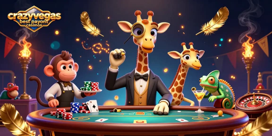 Experience the excitement at crazyvegas best payout casinos with a high-roller giraffe, poker chips, and vibrant casino atmosphere.