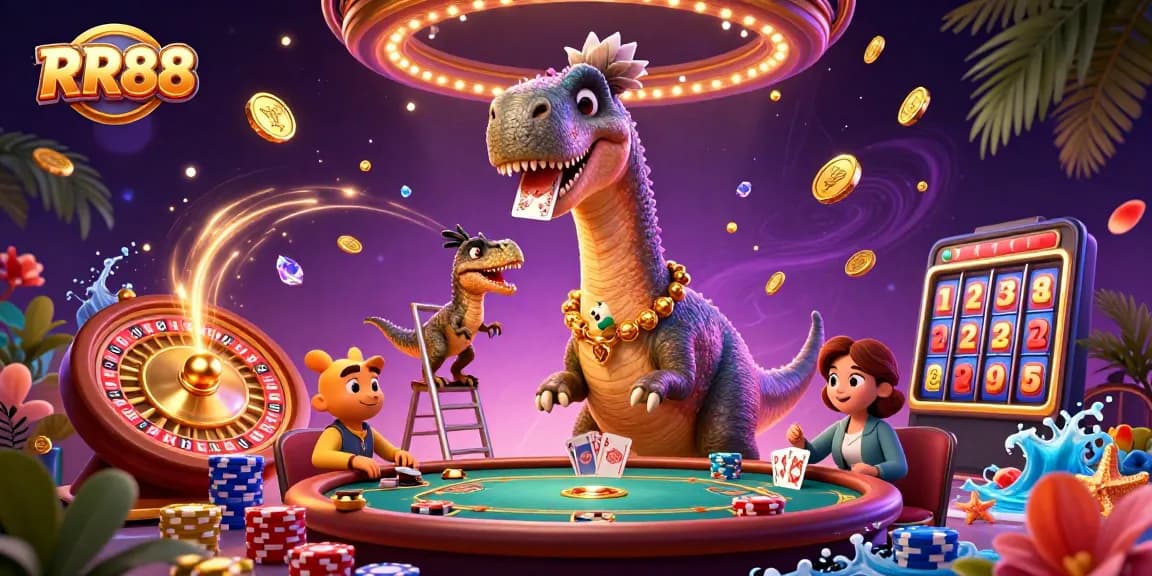 RR88 showcases a vibrant casino scene with dynamic characters and game elements, embodying excitement and fun.