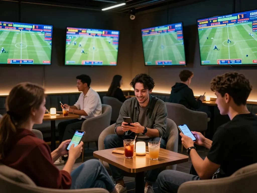Smartcityhostels vibrant sports betting lounge with fans engaged in wagers on live matches.
