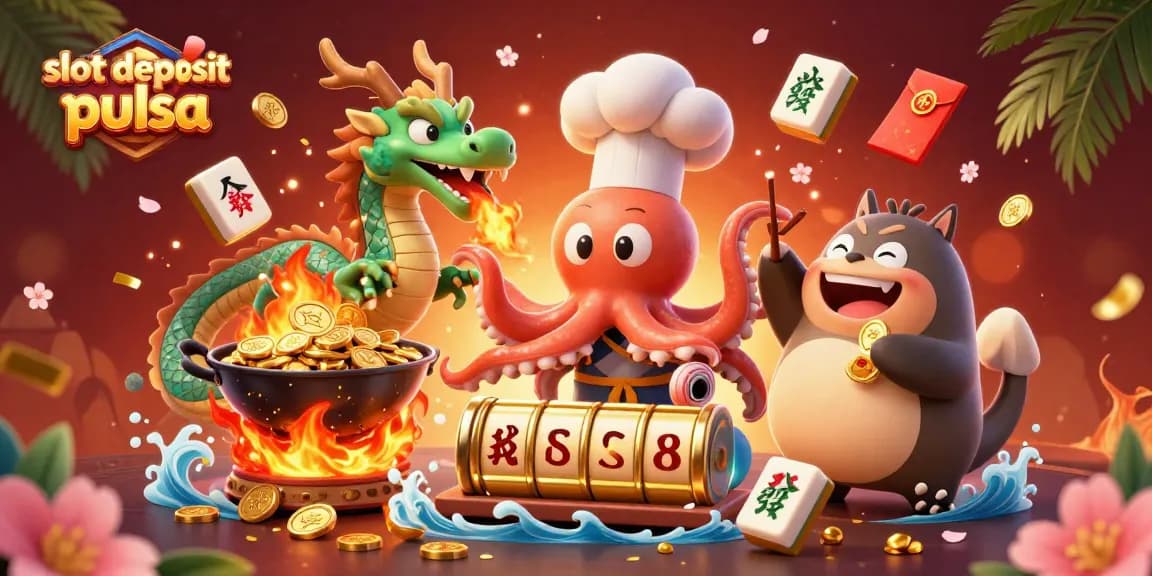Experience the thrill of slot deposit pulsa with dynamic characters, golden slot reels, and vibrant scenery.