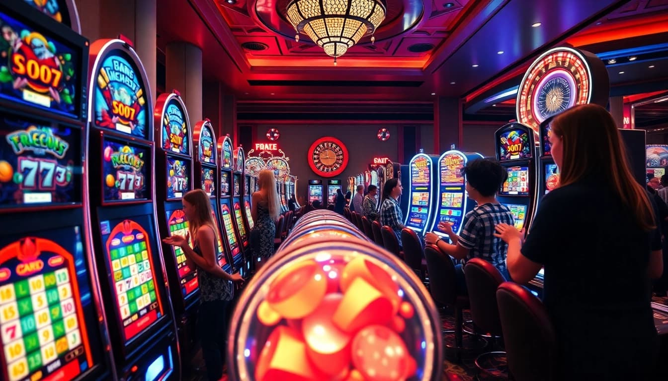 Engaging scene with players at slot gacor machines, highlighting excitement and winning opportunities.