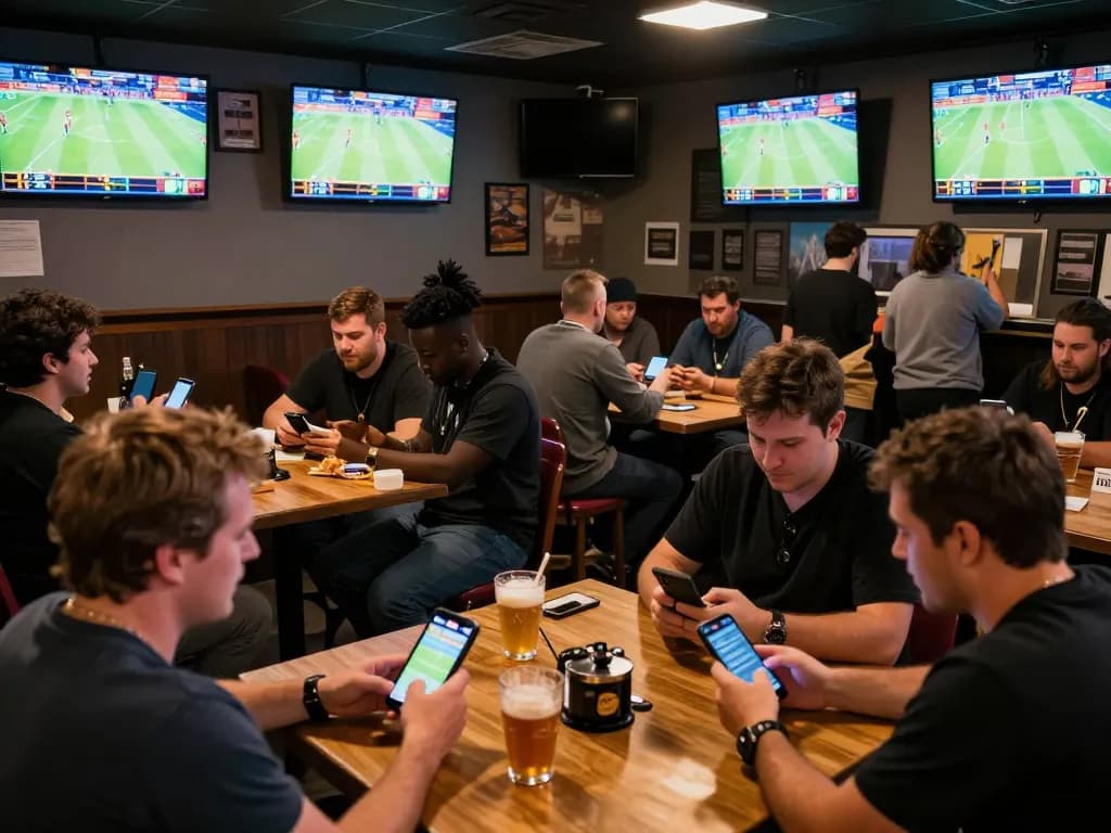 Excited bettors engaging on mobile apps for zbet sports betting at a lively sports bar