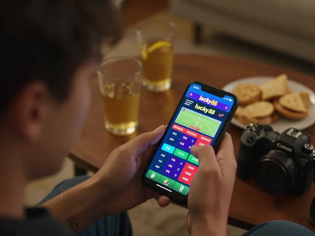 Player engaging with lucky88 sports betting app on smartphone in cozy home setting