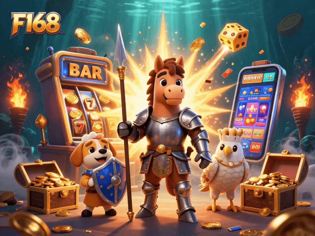 Experience thrilling gameplay at F168 with a knight, puppy, and falcon among crashing coins and jackpots.