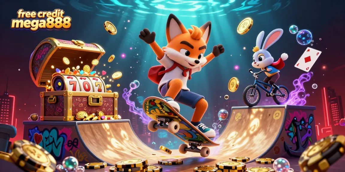 Claim free credit mega888 with vibrant casino-themed illustration showcasing clever gameplay strategies.