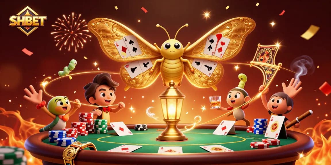 Embrace excitement at SHBET with vibrant 3D casino scenes featuring a majestic moth and poker elements.