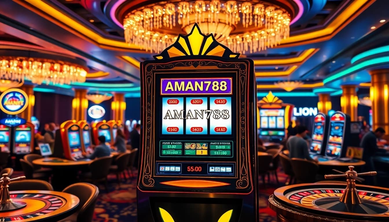 Rasakan sensasi AMAN788 dengan adegan kasino yang menarik, menampilkan mesin slot yang meriah dan pemain yang antusias.