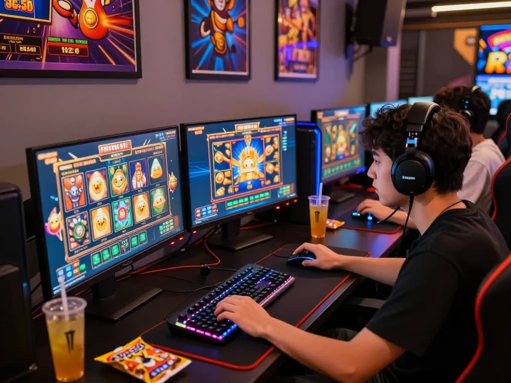 Pemain yang terlibat menikmati permainan situs slot di setup desktop yang cerah dengan visual yang berwarna-warni.