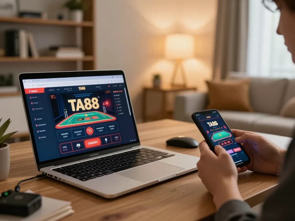 Engaging moment with TA88 casino app displayed on a laptop, showcasing online gaming strategy in a cozy environment