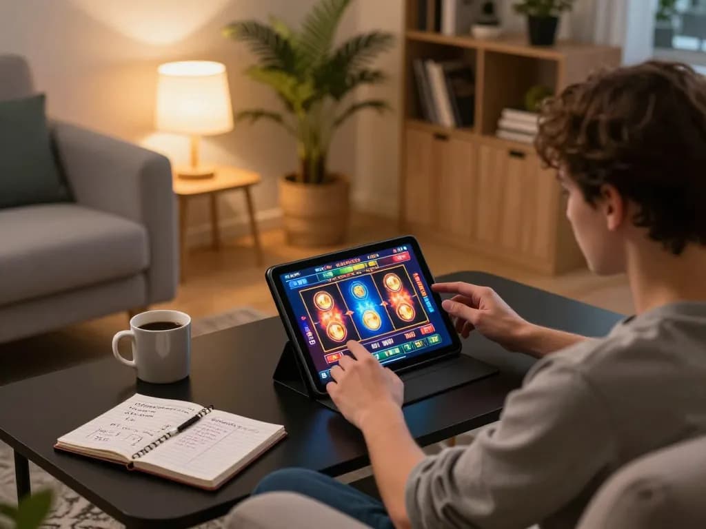 Engaging moment at home with f8betlv player enjoying online casino gaming on a tablet while tracking bankroll strategies.