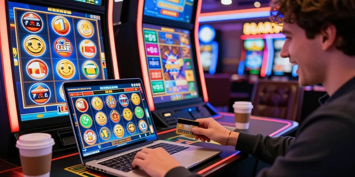 Bet with credit card at an online casino, player enjoying vibrant slot games and a lively atmosphere.