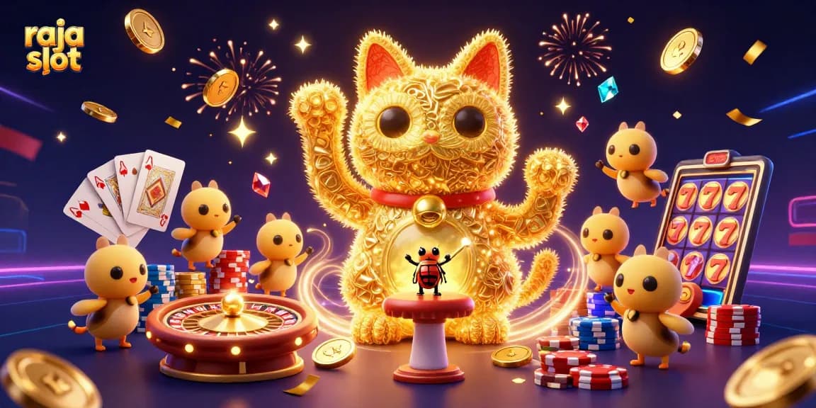 Experience raja slot as golden fireflies create a giant lucky cat amidst vibrant casino elements.