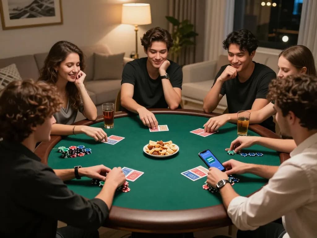 Friends enjoying a lively poker night using betmentoto app for tracking bets and chips.
