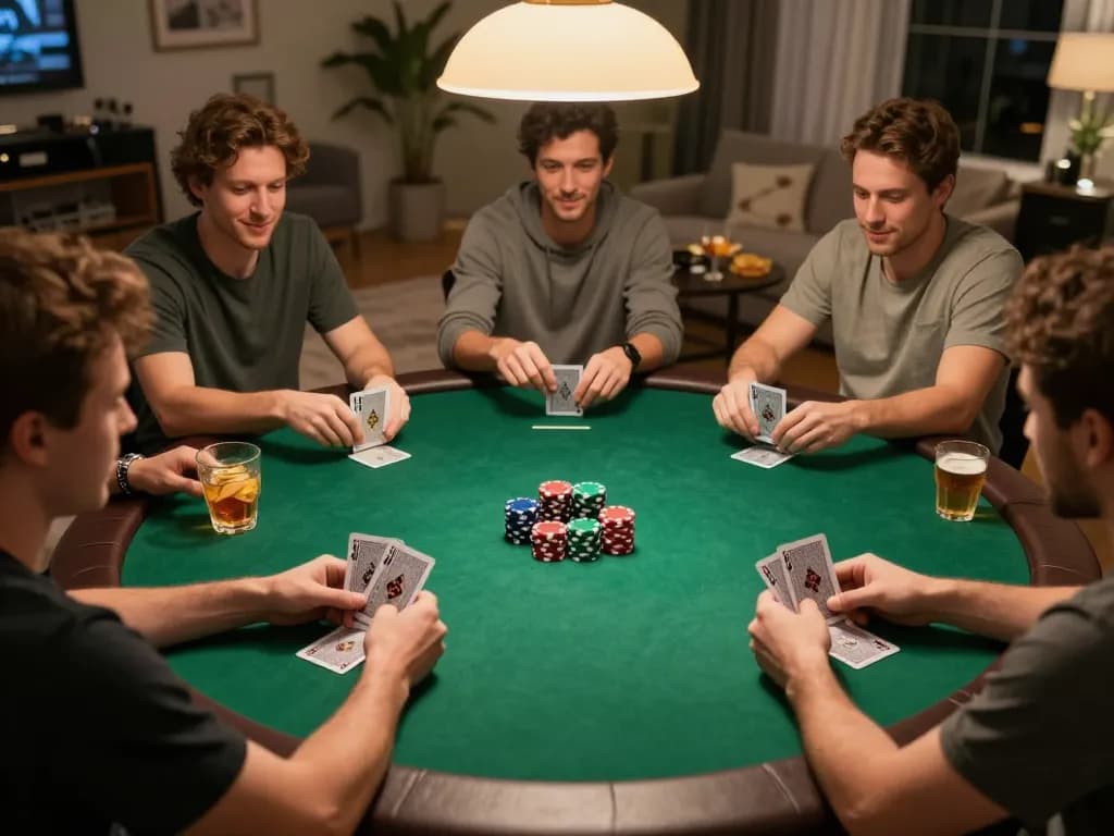 Players enjoy a friendly game at home with LV88 poker, showcasing chips and cards under warm lighting.