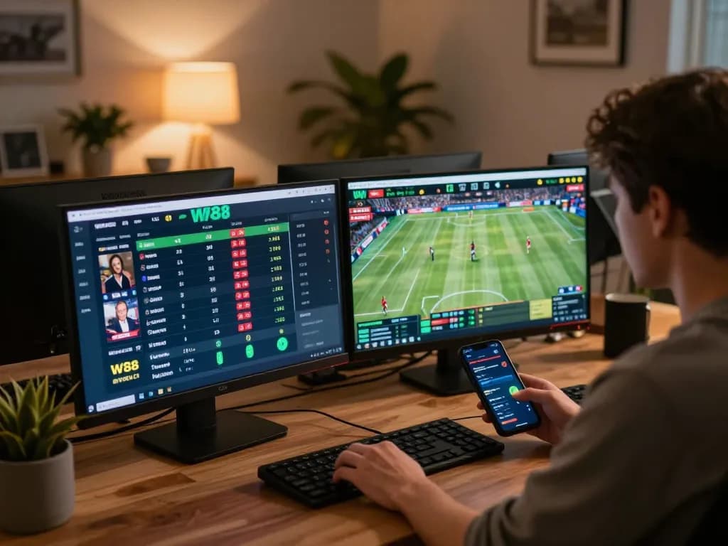 W88 user engaging in live sports betting, tracking odds on multiple screens in dynamic setup.