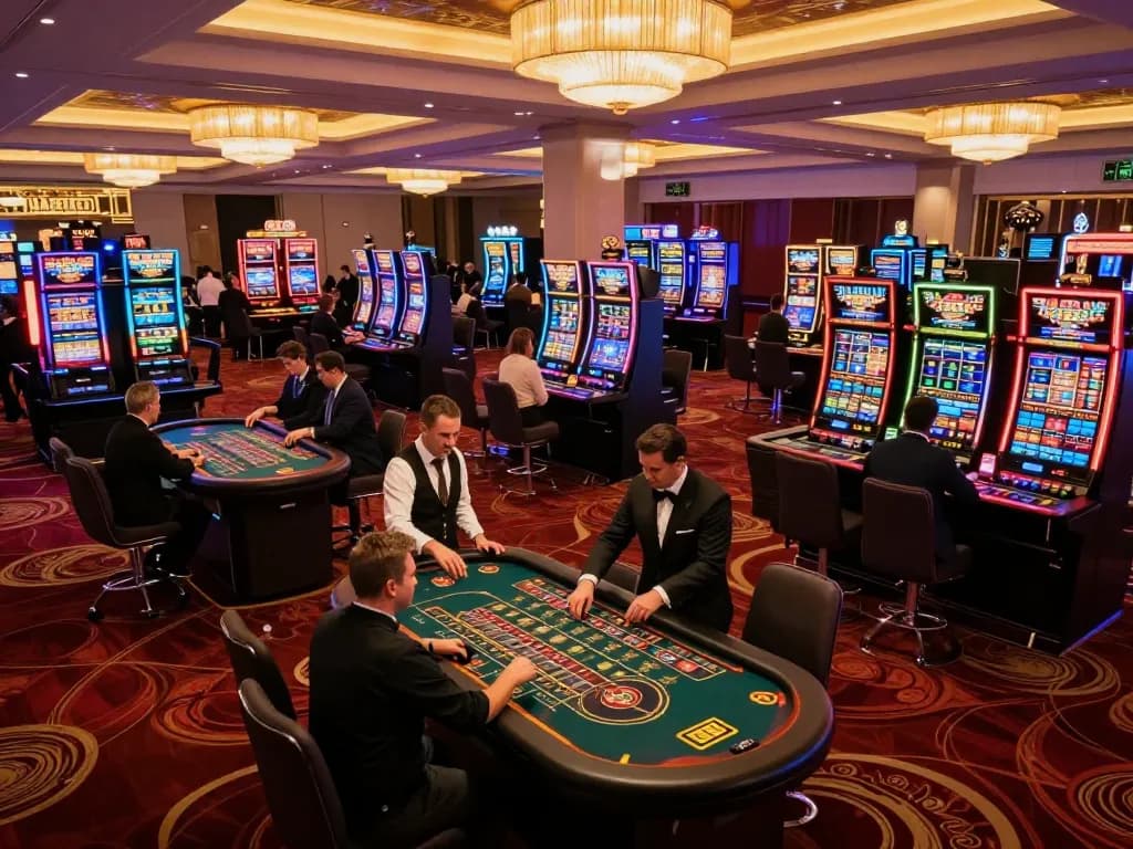 Bintangmpo menawarkan pengalaman kasino yang menarik di lantai perjudian yang ramai dengan pemain dan meja roulette