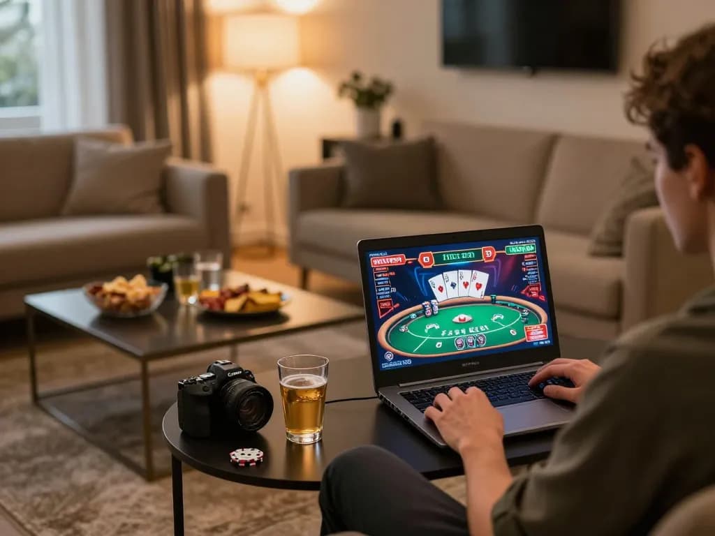 Engaging in Casino Online gameplay on a laptop while enjoying a cozy home environment.