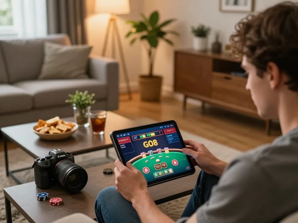 Player engaging in online GO8 poker game on tablet in cozy living room with ambient lighting