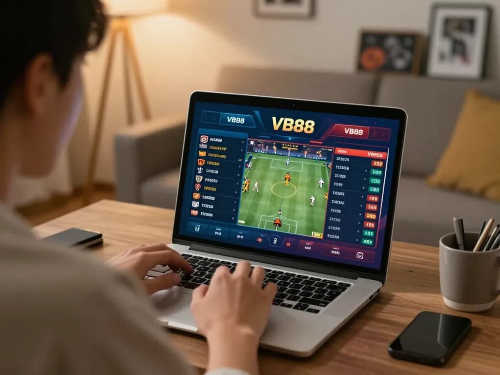 Engaged bettor using VB88 platform for live sports betting, showcasing dynamic odds and excitement.