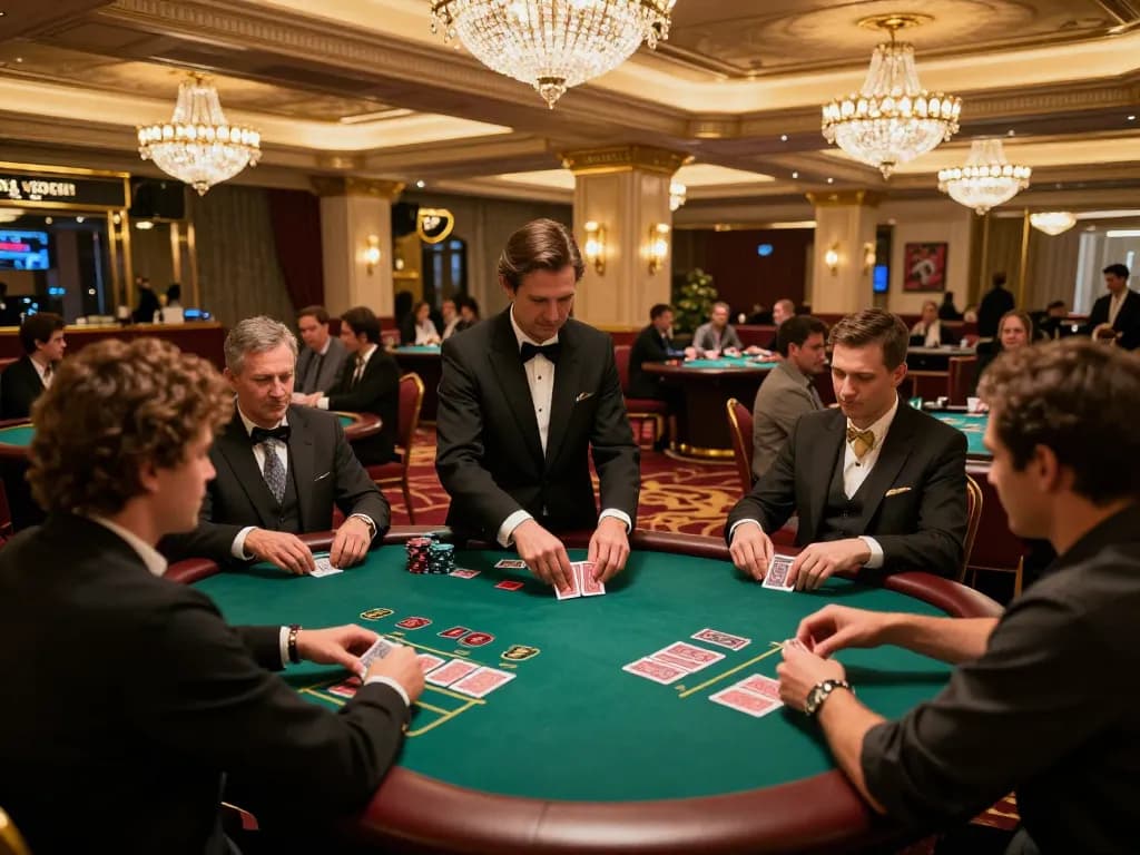 hi88 players engaging at a poker table in an upscale casino setting with warm lighting