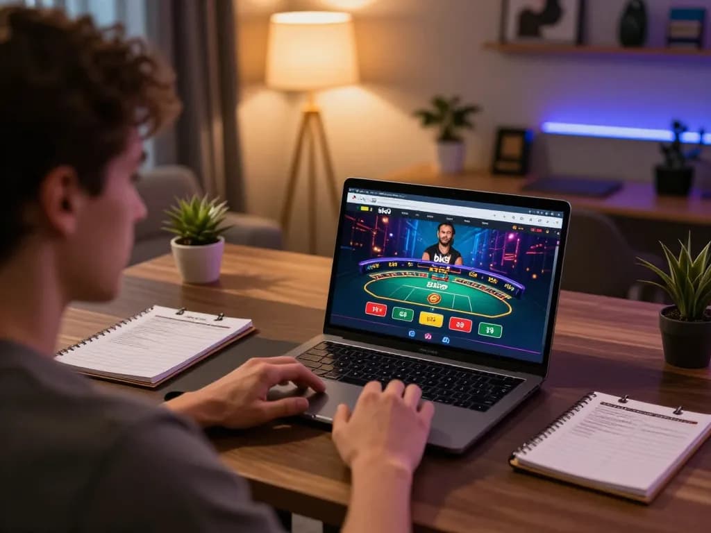 Engaging online gambler analyzing strategies on bk8, showcasing a vibrant home office setup.