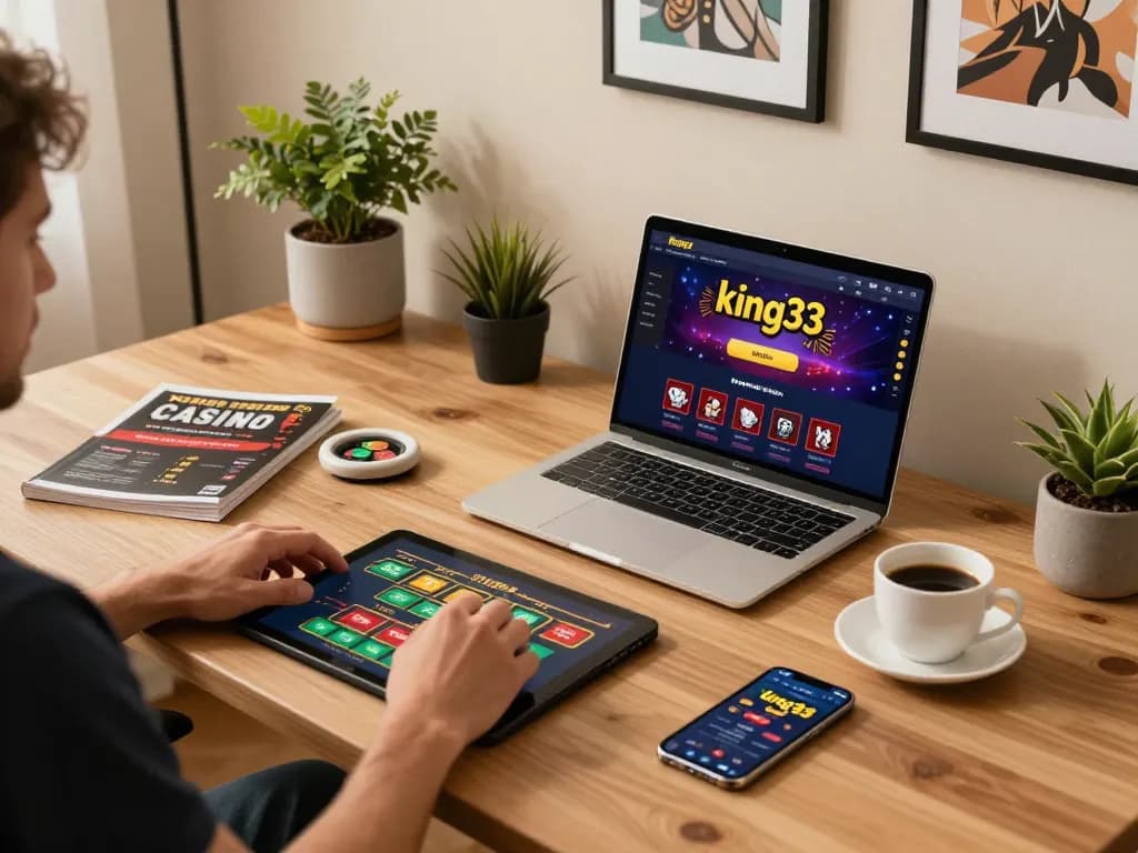 Engaged player using king33 casino app on laptop, highlighting strategic online gambling setup.