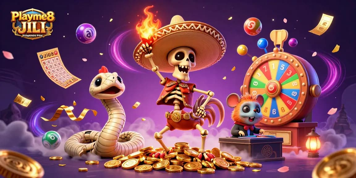 ภาพวาด 3D ของ Playme8 JILI Pragmatic Play Joker กับตัวละครในบรรยากาศคาสิโน